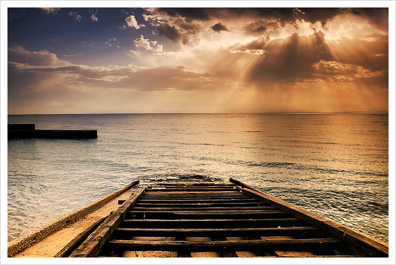 Wooden Pier at Sunset — Orange, Dramatic, Photograph, Ocean, Clouds