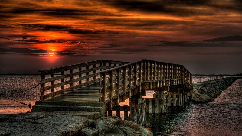 Wooden Pier at Sunset — Orange, Dramatic, Photograph, Ocean, Rocks