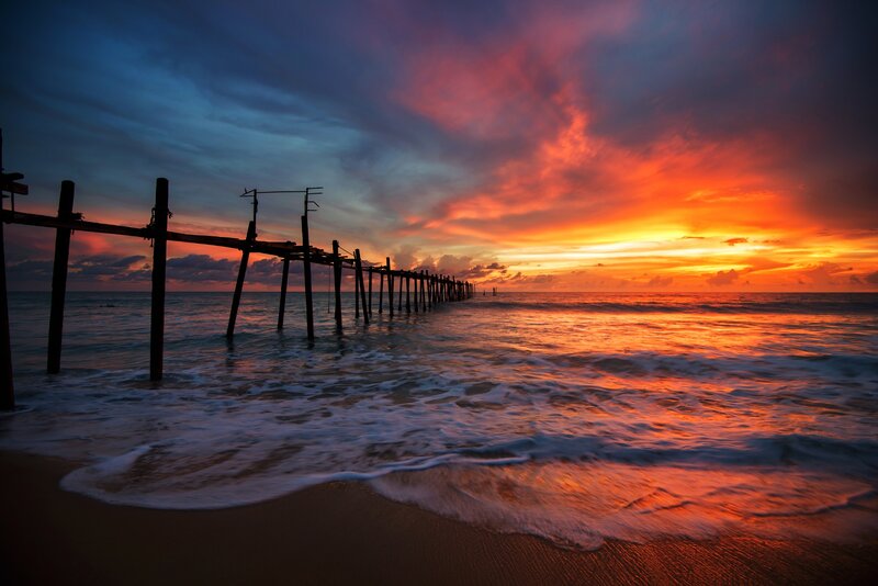 Wooden Pier at Sunset — Orange, Dramatic, Photograph, Ocean, Sky