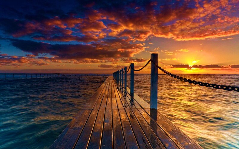 Wooden Pier at Sunset — Orange, Dramatic, Photograph, Ocean, Sun