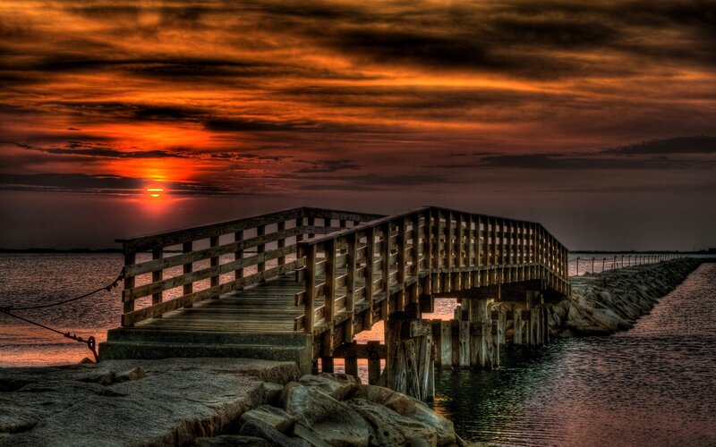 Wooden Pier at Sunset — Orange, Dramatic, Photograph, Ocean