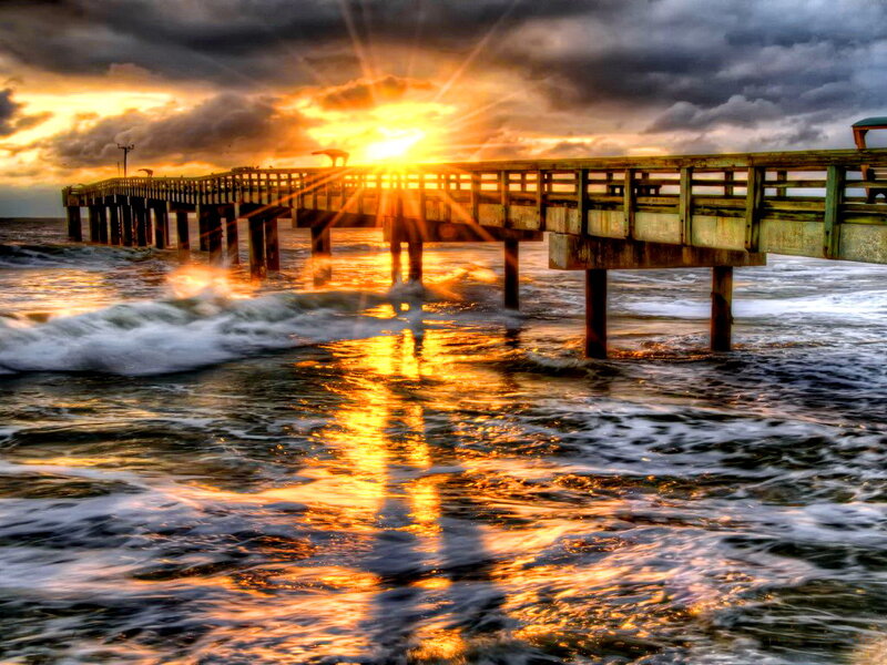 Wooden Pier at Sunset — Orange, Dramatic, Photograph, Ocean, Waves