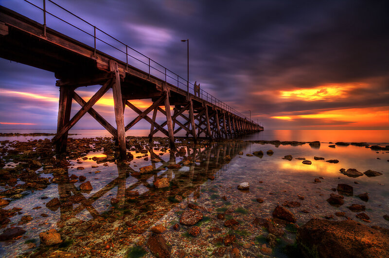 Wooden Pier at Sunset — Orange, Dramatic, Photograph, Rocks, Sky