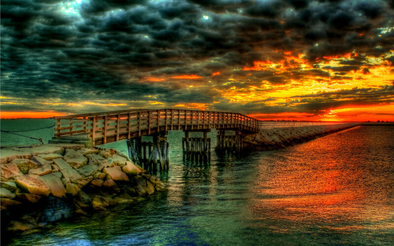Wooden Pier at Sunset — Orange, Dramatic, Photograph, Rocks