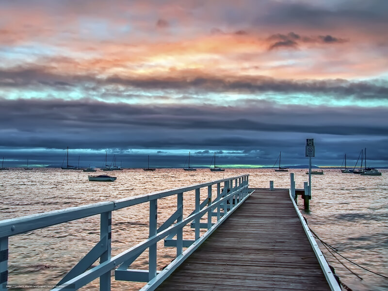 Wooden Pier at Sunset — Orange, Dramatic, Photograph, Sailboats, Cloudy Sky
