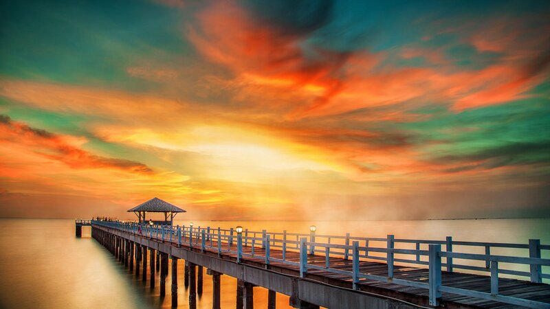 Wooden Pier at Sunset — Orange, Dramatic, Photograph, Sky, Ocean