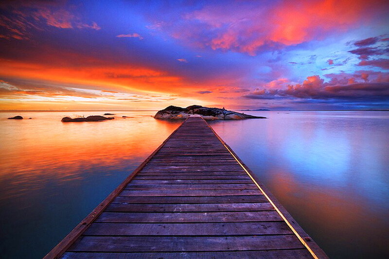 Wooden Pier at Sunset — Orange, Dramatic, Photograph, Sky