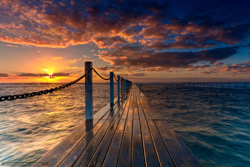 Wooden Pier at Sunset — Orange, Dramatic, Photograph, Sun, Ocean, Clouds