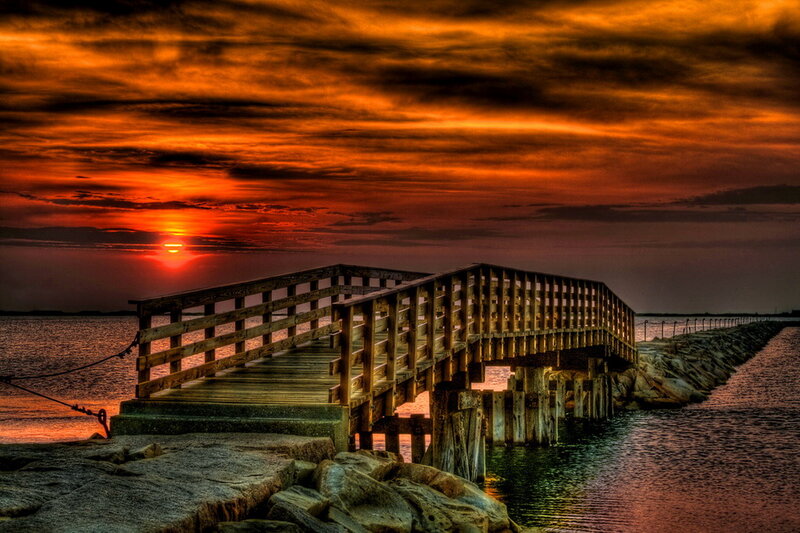 Wooden Pier at Sunset — Orange, Dramatic, Photograph, Sun, Ocean, Rocks