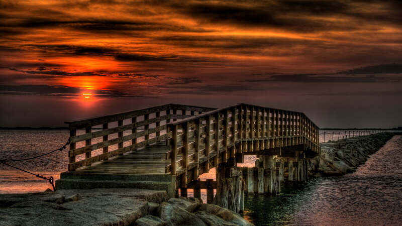 Wooden Pier at Sunset — Orange, Dramatic, Photograph, Sun, Ocean