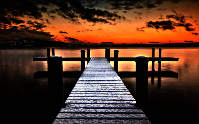 Wooden Pier at Sunset — Orange, Dramatic, Photograph, Water, Sky, Clouds