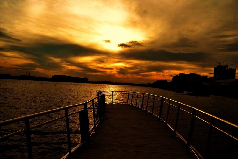 Wooden Pier at Sunset — Orange, Dramatic, Photograph, Water