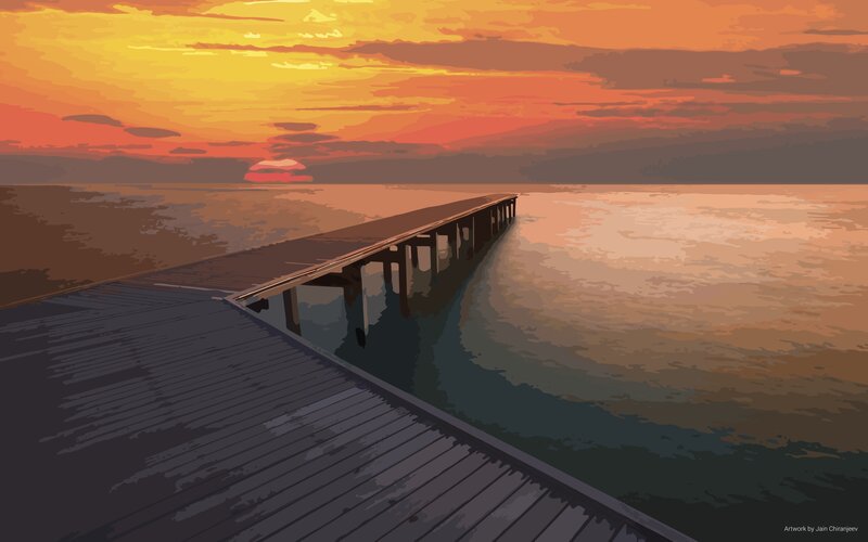Wooden Pier at Sunset — Orange, Serene, Digital Art, Sea