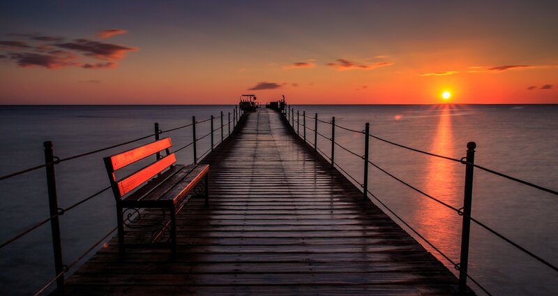 Wooden Pier at Sunset — Orange, Serene, Photograph, Bench