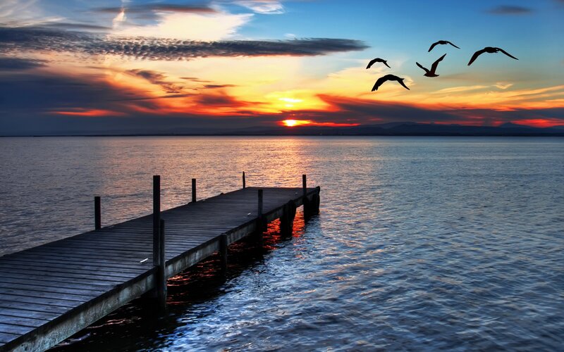 Wooden Pier at Sunset — Orange, Serene, Photograph, Birds