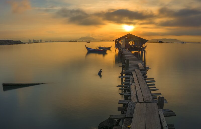 Wooden Pier at Sunset — Orange, Serene, Photograph, Boat, Dock