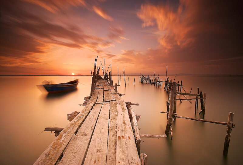 Wooden Pier at Sunset — Orange, Serene, Photograph, Boat