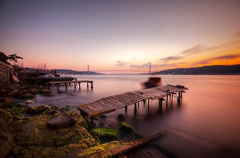 Wooden Pier at Sunset — Orange, Serene, Photograph, Bridge