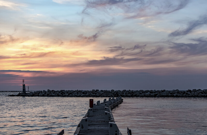 Wooden Pier at Sunset — Orange, Serene, Photograph, Lighthouse