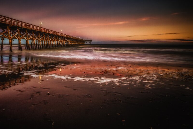 Wooden Pier at Sunset — Orange, Serene, Photograph, Ocean, Beach, Sky, Purple
