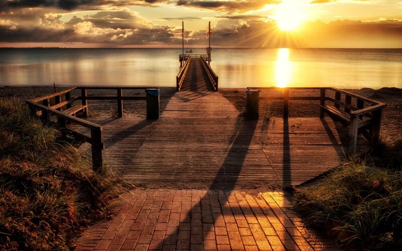 Wooden Pier at Sunset — Orange, Serene, Photograph, Ocean, Bench