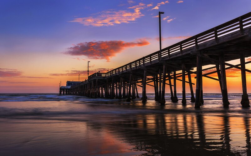 Wooden Pier at Sunset — Orange, Serene, Photograph, Ocean, Sky, Clouds