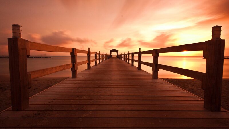 Wooden Pier at Sunset — Orange, Serene, Photograph, Ocean, Sky