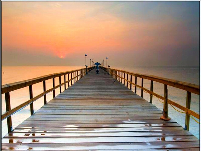 Wooden Pier at Sunset — Orange, Serene, Photograph, Ocean