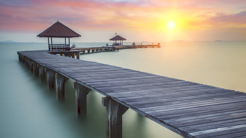 Wooden Pier at Sunset — Orange, Serene, Photograph, Pavilion