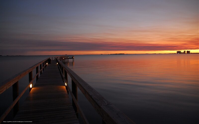 Wooden Pier at Sunset — Orange, Serene, Photograph, Sky