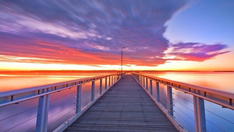 Wooden Pier at Sunset — Orange, Serene, Photograph, Sky, Water, Clouds