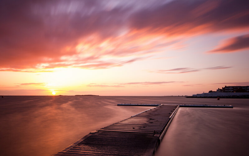 Wooden Pier at Sunset — Orange, Serene, Photograph, Sun, Clouds