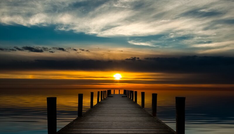 Wooden Pier at Sunset — Orange, Serene, Photograph, Sun, Sky