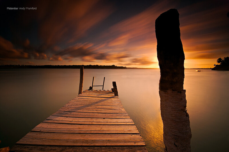 Wooden Pier at Sunset — Orange, Serene, Photograph, Water