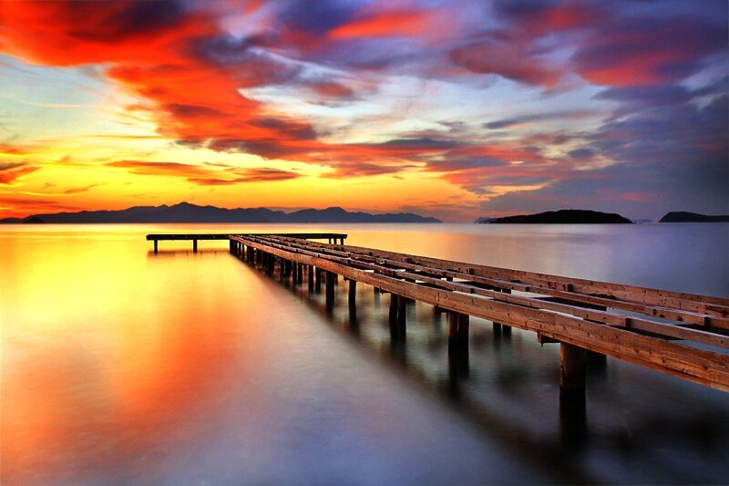 Wooden Pier at Sunset — Orange, Serene