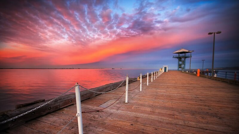 Wooden Pier at Sunset — Pink, Dramatic, Photograph, Sky