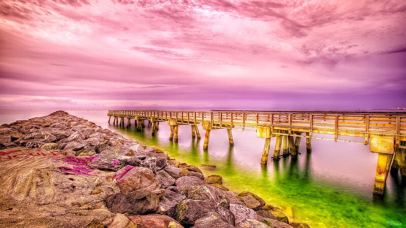 Wooden Pier at Sunset — Pink, Dramatic, Photograph