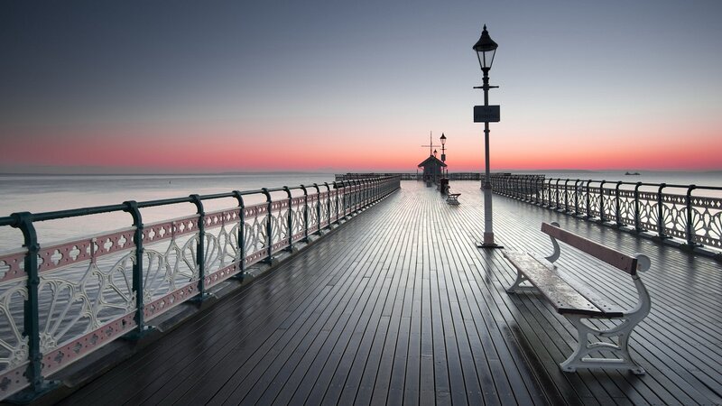 Wooden Pier at Sunset — Pink, Serene, Photograph, Bench, Lamp Post