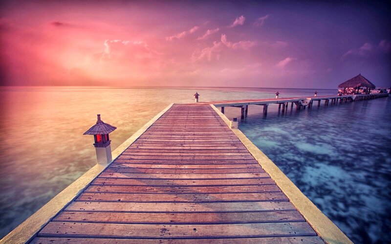 Wooden Pier at Sunset — Pink, Serene, Photograph, Lanterns