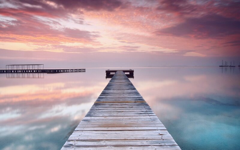 Wooden Pier at Sunset — Pink, Serene, Photograph, Sky
