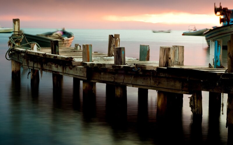 Wooden Pier at Sunset — Pink, Serene, Photograph
