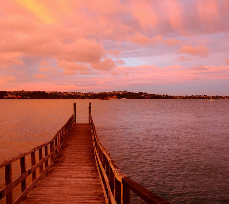 Wooden Pier at Sunset — Pink, Serene, Photograph, Water