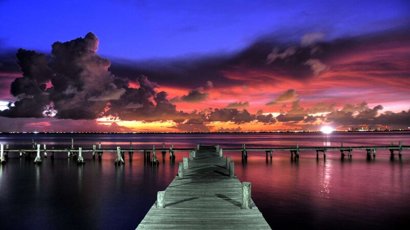Wooden Pier at Sunset — Purple, Dramatic, Photograph, Clouds, City Lights