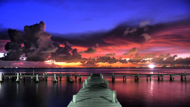 Wooden Pier at Sunset — Purple, Dramatic, Photograph, Clouds