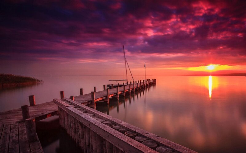 Wooden Pier at Sunset — Purple, Dramatic, Photograph, Sailboat
