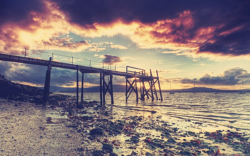 Wooden Pier at Sunset — Purple, Dramatic, Photograph, Sea