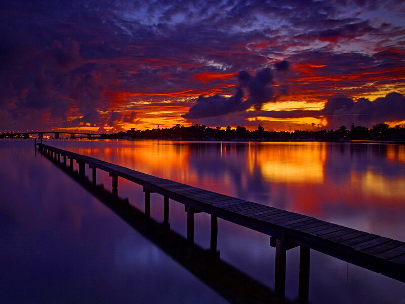 Wooden Pier at Sunset — Purple, Dramatic, Photograph, Sky