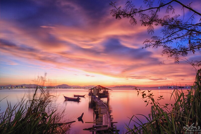 Wooden Pier at Sunset — Purple, Serene, Photograph, Boat