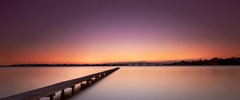 Wooden Pier at Sunset — Purple, Serene, Photograph, Bridge