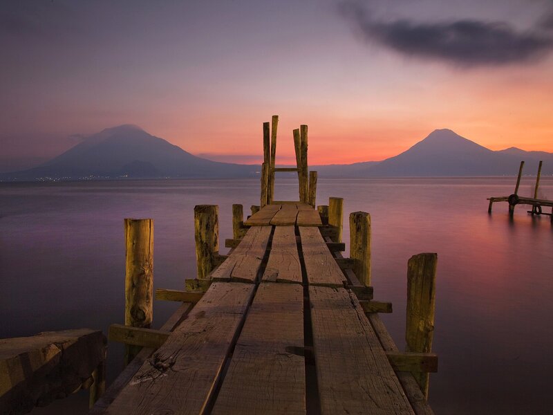 Wooden Pier at Sunset — Purple, Serene, Photograph, Lake, Mountains, Sky, Orange